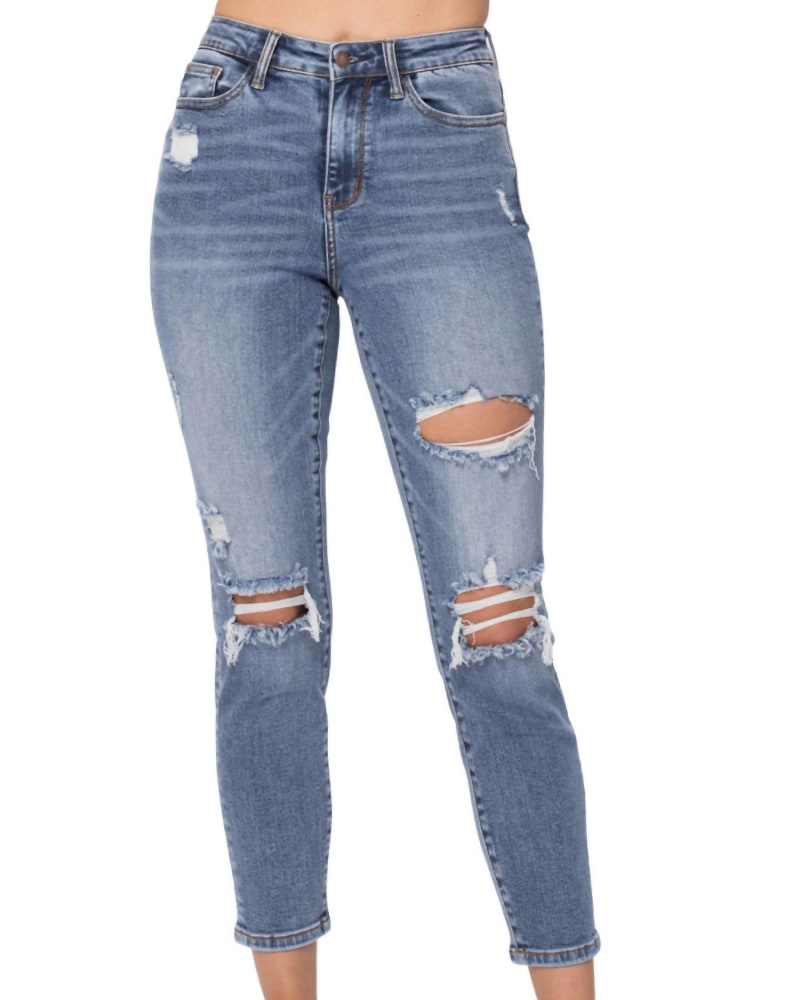 Front of a model wearing a size 22W Destroyed Slim Fit Jean In Light Blue in Light Blue by Judy Blue. | dia_product_style_image_id:350252